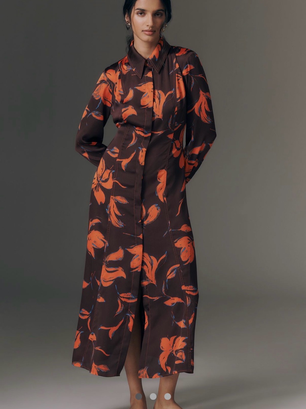 Anthropologie Exquise Floral-Print Long-Sleeve Satin Shirt Dress